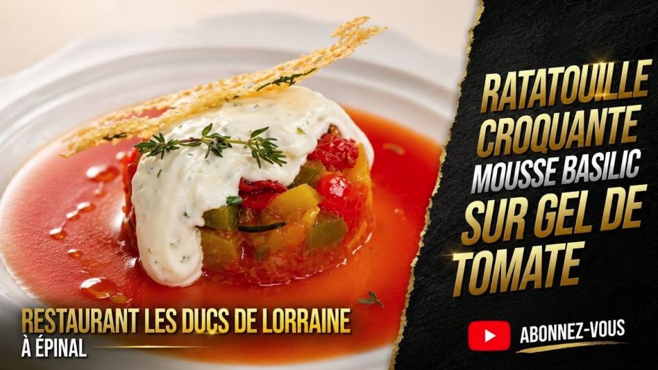 A feu doux : Les Ducs de Lorraine #03 Ratatouille croquante & mousse basilic sur lit de tomate