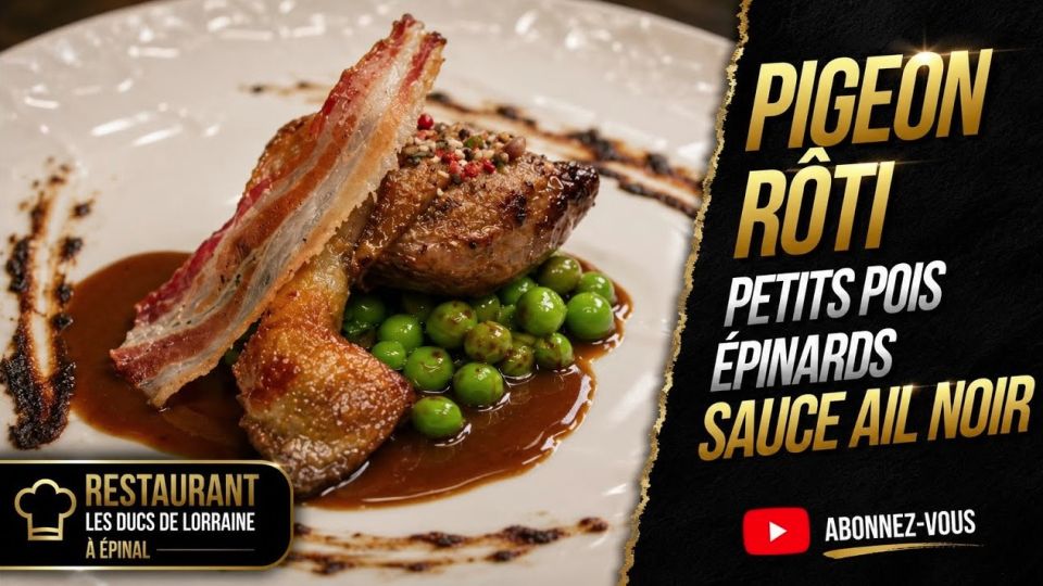 A feu doux : Les Ducs de Lorraine #04 Pigeon rôti, petits pois, épinards sauce ail noir
