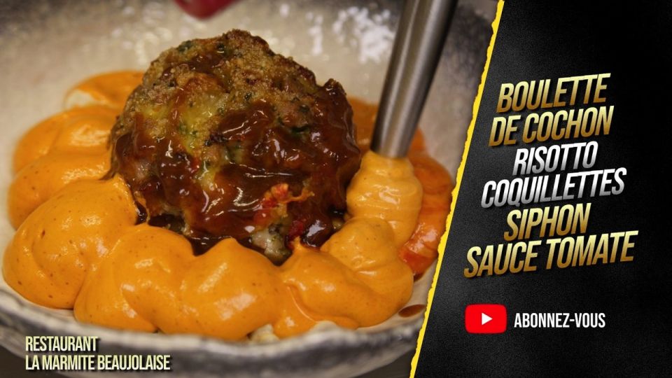 A feu doux : La Marmite Beaujolaise #3 Boulette de cochon, risotto de coquillettes et sauce tomate