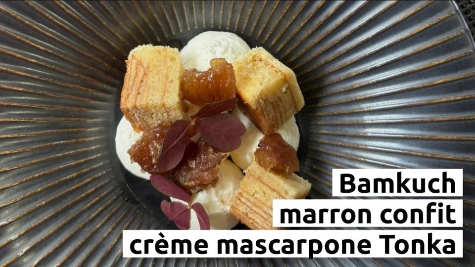 A feu doux : Les Roses #05 Bamkuch, marron confit, crème mascarpone Tonka